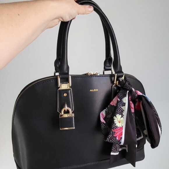 Like New ALDO Black Satchel Bag • Gold Lock • Floral Scarf • Crossbody Strap - Picture 4 of 6
